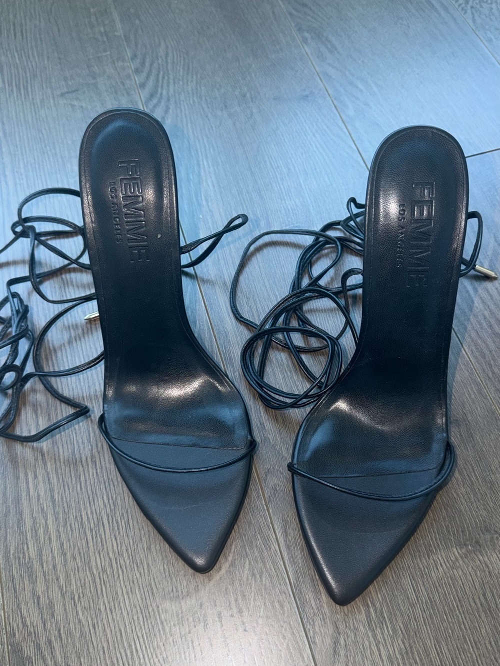 FEMME Black Pointed Lace-Up Stiletto Heels